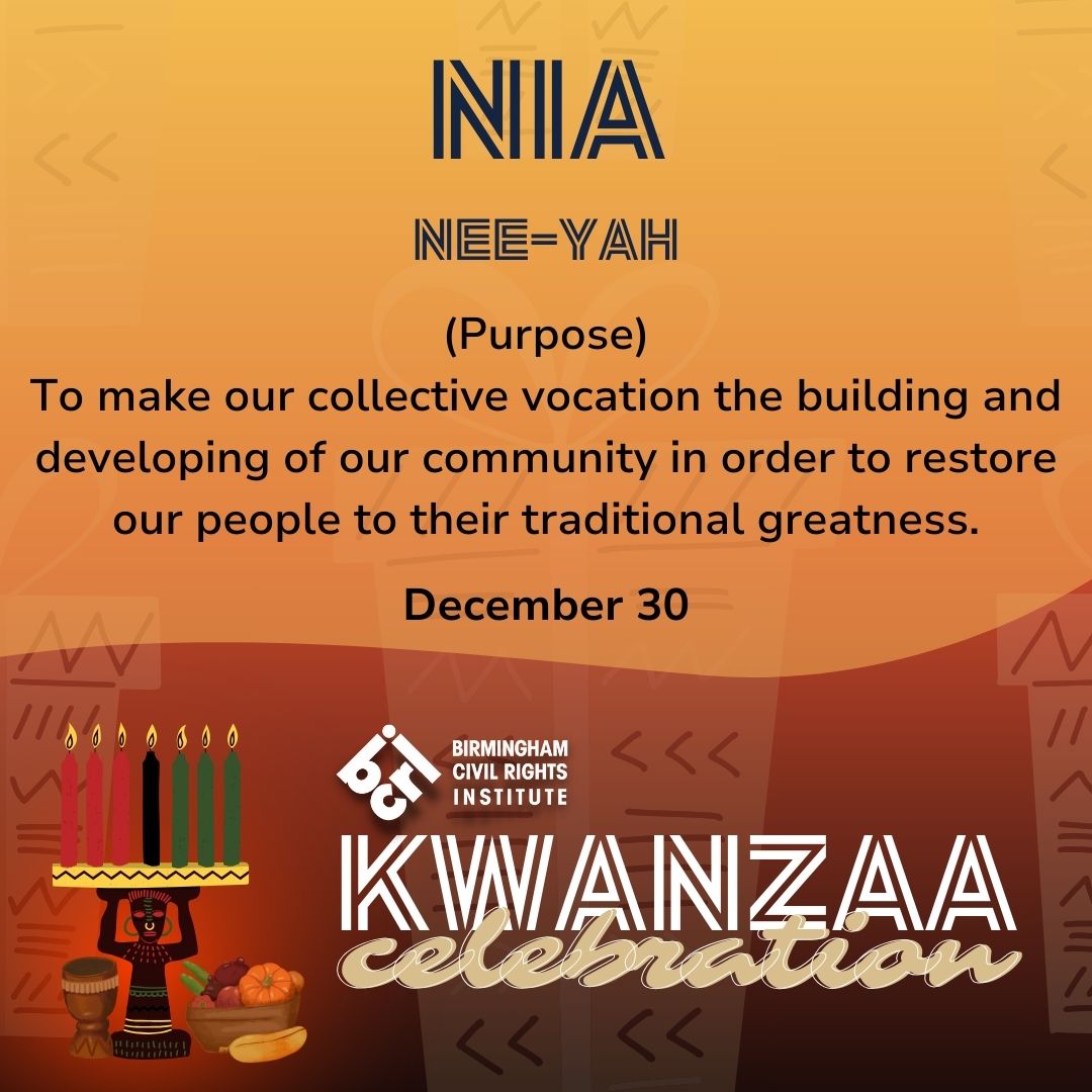 bhamcivilrights's tweet photo. Exploring the 7 principles of Kwanzaa.

Day 5- Purpose: Nia (nee–YAH)
To make our collective vocation the building and developing of our community in order to restore our people to their traditional greatness

#BCRIKwanzaa #BCRI #kwanzaa https://t.co/8nMnzQ8GxF