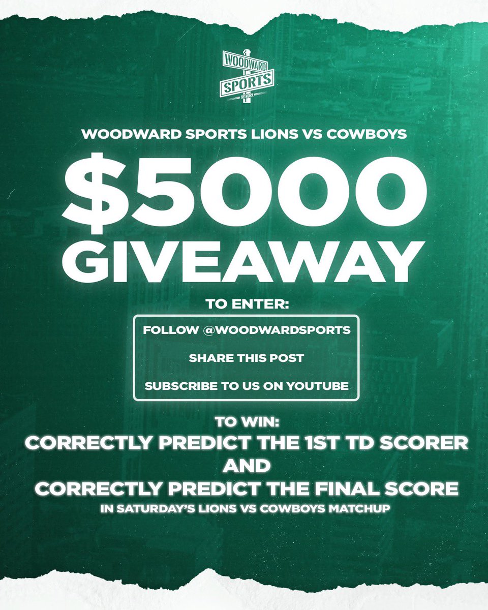 🚨5K GIVEAWAY🚨

Woodward Sports Network is giving you chance to win $5,000 dollars 

To enter to have a chance to win the 5k

- CORRECTLY predict the 1st TD scorer and DET/DAL final score in the comments below
- FOLLOW <a href="/woodwardsports/">Woodward Sports Network</a>
- LIKE &amp; REPOST This Post
- SUBSCRIBE to the