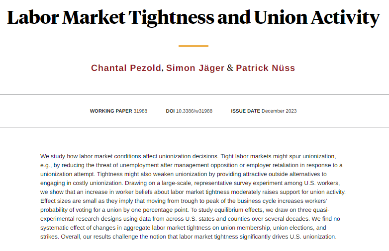 Examining how labor market tightness affects unionization  yields findings that challenge the notion that tightness drives US unionization, from <a href="/chantal_pezold/">Chantal Pezold</a>, <a href="/simon_jaeger/">Simon Jäger</a>, and @patricknuess nber.org/papers/w31988