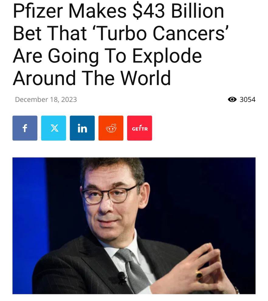 Problem —> Reaction —> Solution

Pfizer is now cashing in on the turbo cancers they created with the deathly mRNA Covid Jabs. 

I’ve had multiple acquaintances and family members who went from remission to stage 4 cancer in a matter of months post Covid vaccine. 

And Pfizer is