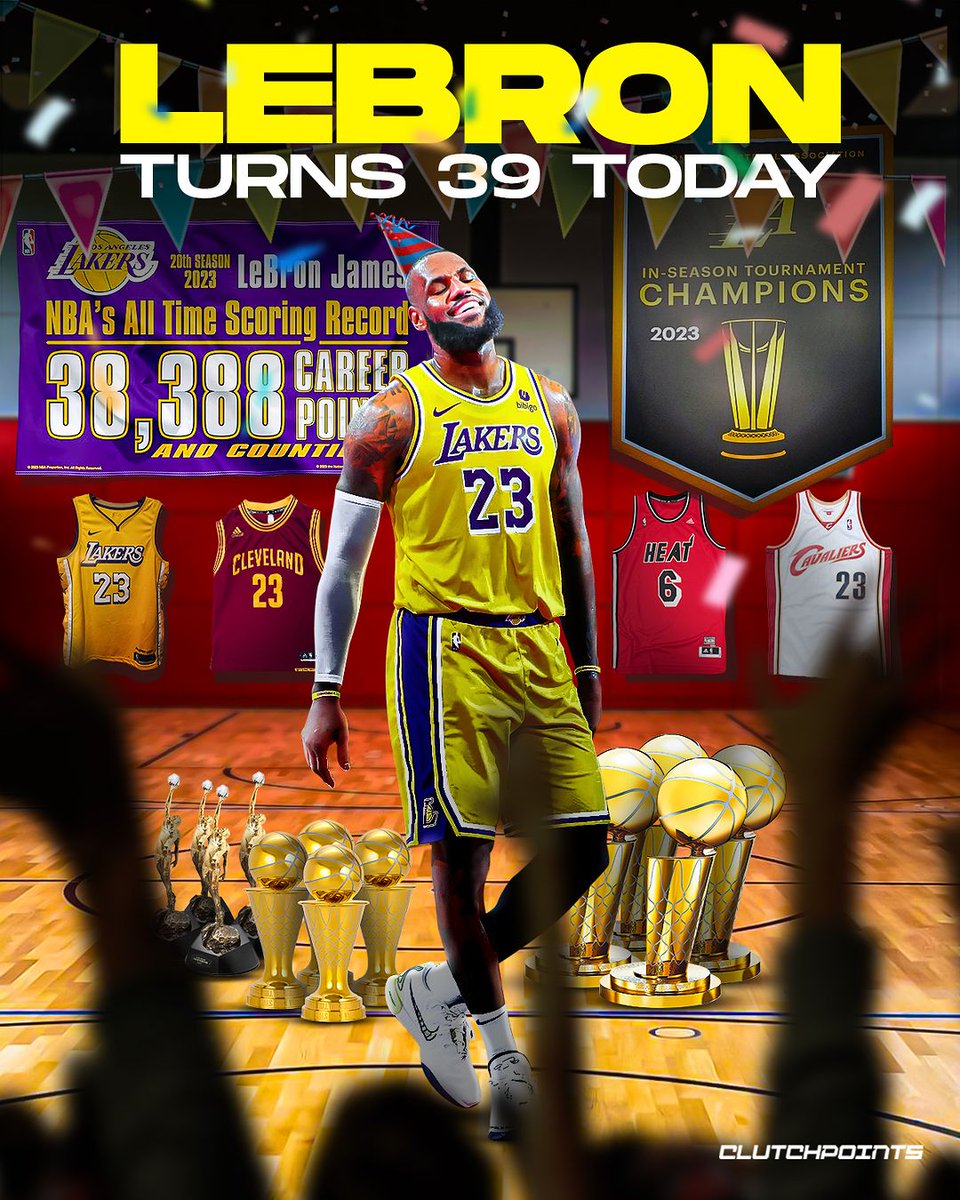 ClutchPoints's tweet photo. In 1984, a kid from Akron was born.

Little did he know that he’d become a phenomenon that would flip the entire basketball world.

After becoming a high school super-phenom, he entered the league with the most hype since Magic and Larry.

Fast forward two decades, he still looks — and plays like the 18-year-old kid we’ve seen enter the league and DOMINATE.

4 championships, 4 MVPs, and 4 finals MVPs later, he still continues to rewrite the history books and is arguably the most statistically accomplished basketball player ever.

Today’s your day, King! Have a blast! 🥳🎂👑