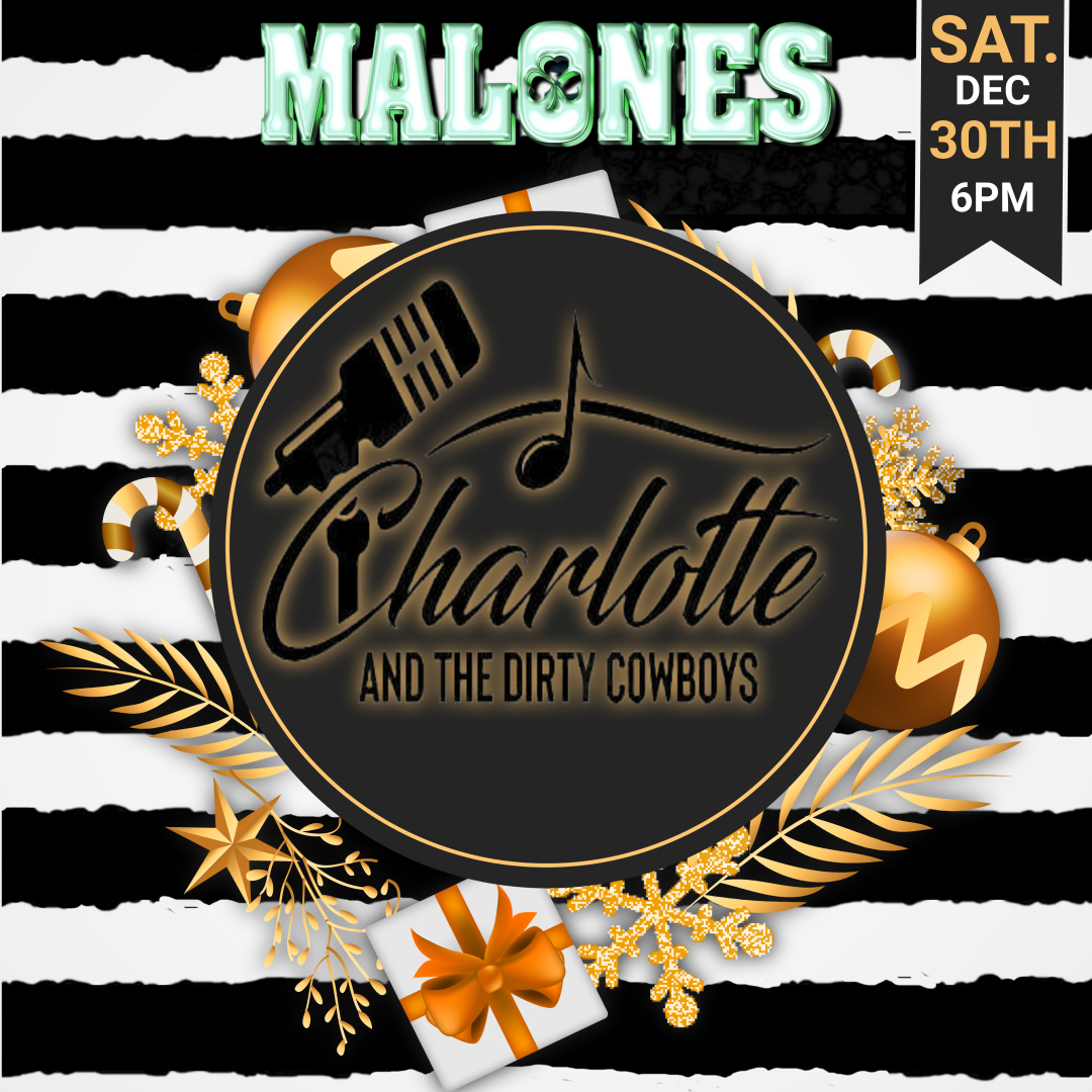 malonetyme's tweet photo. Spend Saturday night at our House!

Charlotte &amp; The Dirty Cowboys  return to Malones at 6 PM! 

Come early, grab a #MiniJug and don't forget that this week's #FeatureMenu is only here until Sunday! Get your takeout orders in for New Year's Eve! 

#DemandYourMalonesTyme #Barrie https://t.co/YEEzU2po6A