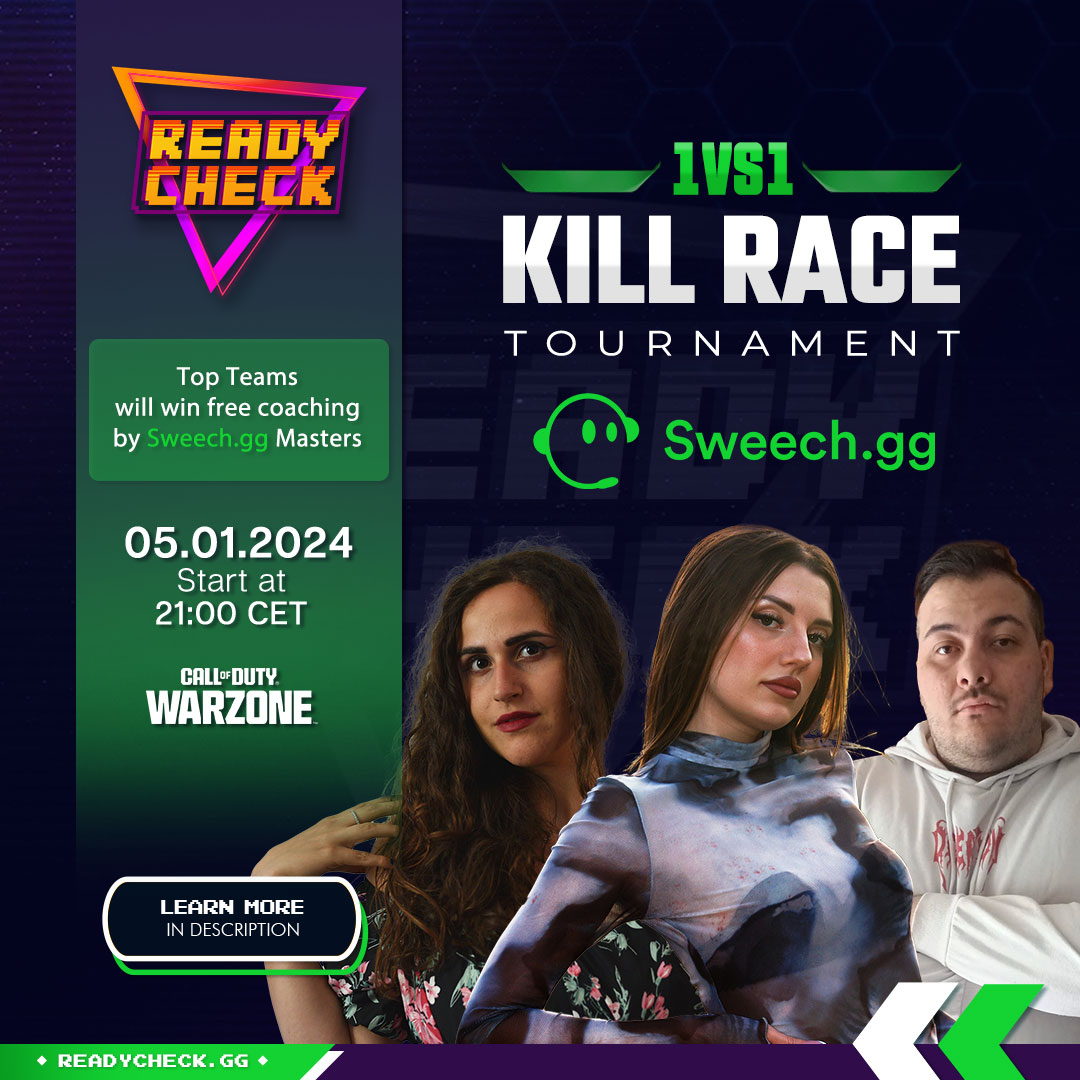 TORNEO #WARZONE - 5 Gennaio 2024 ore 21:00
Kill Race 1vs1 - Iscrizione gratuita

Iscrizioni e regolamento qui: readycheck.gg/tournaments/47…

Buono per un corso omaggio su Sweech.gg ai primi 8 classificati

Castato da Anuby, Hohoemi e Danielina, sul canale DanielinaTTV