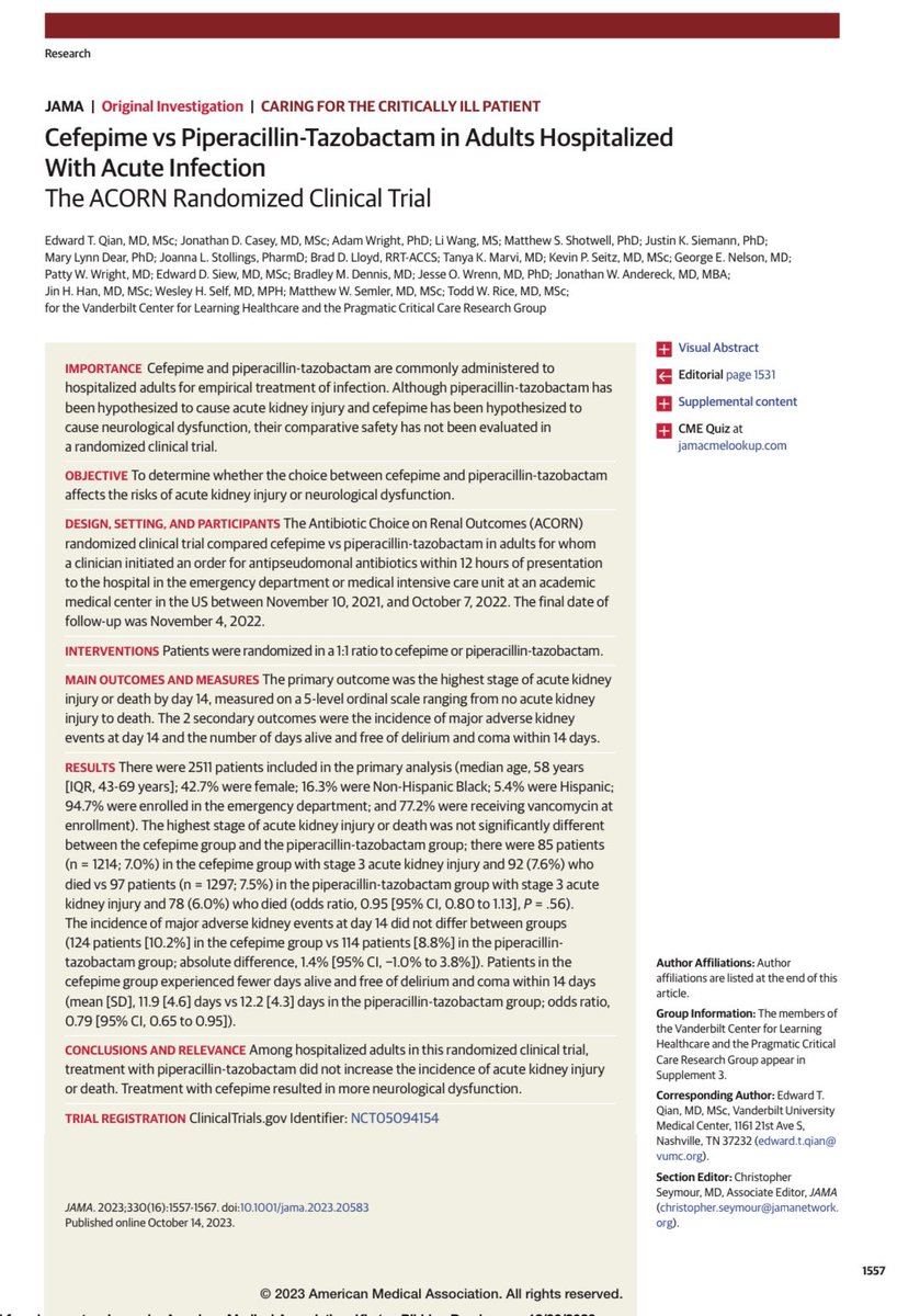 Cefepime vs Piperacillin-Tazobactam in Adults Hospitalized With Acute Infection: The ACORN Randomized Clinical Trial - @EdQian @toddrice_ICU & colleagues jamanetwork.com/journals/jama/… One of our 🔥Top Viewed at JAMA in 2023🔥 Read more “Best of…” here jamanetwork.com/journals/jama/…