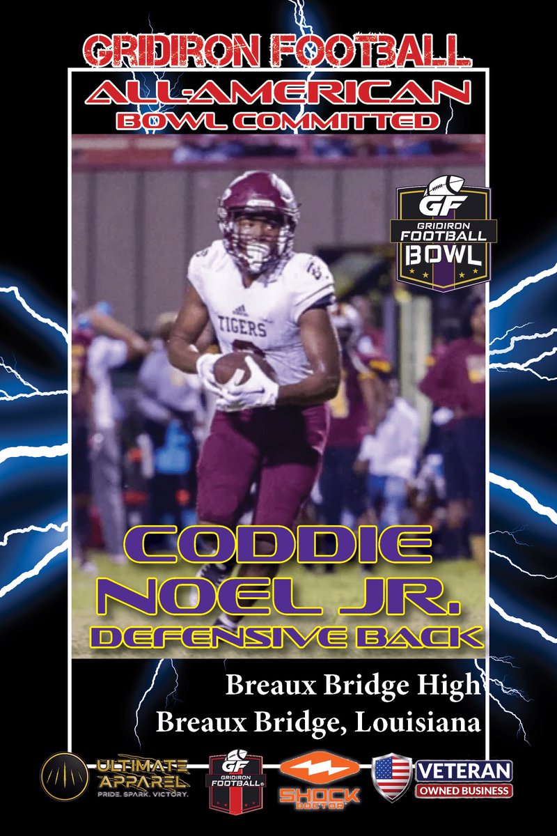 Breaux Bridge High School DB/WR Coddie Noel Jr  <a href="/coddieeee_/">Coddie Noel Jr</a>  (Breaux Bridge, LA) will play in the 2023 Gridiron Football All-American Bowl on Dec. 30 at Memorial Stadium in Baton Rouge! 

gridironfootballusa.com/breaking-news-…