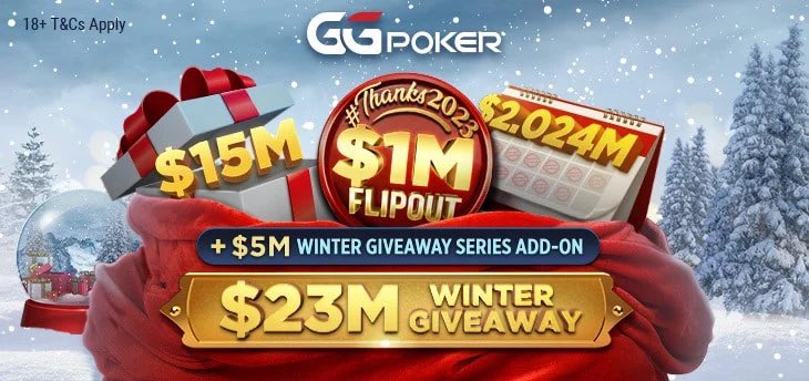 GGPoker's tweet photo. ❄️ OUR BIGGEST FREEROLL EVER ❄️

The $1M Happy New Year Freeroll concludes 1st January at 18:00 UTC…

Day 1s running every day, REGISTER NOW to WIN your share of $1,000,000 💰

#ThanksGG https://t.co/37EOy6fMNw