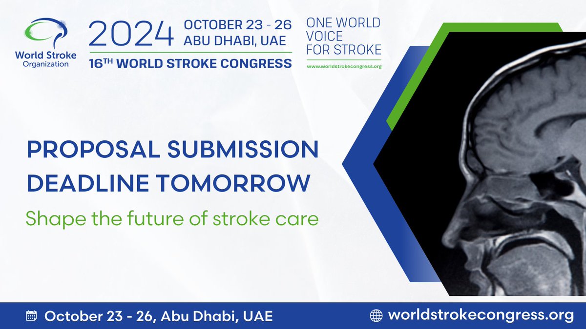 Tomorrow marks the deadline for #WSC2024 proposal submission! 📢 ➡️ This is your final chance to shape the future of stroke care. Grab the opportunity to contribute to a global conversation. Submit your proposals before the end of the day tomorrow: bit.ly/48g80Uw