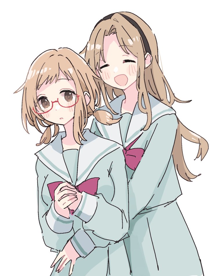 sakuragi mano multiple girls 2girls school uniform glasses sailor collar white background closed eyes  illustration images