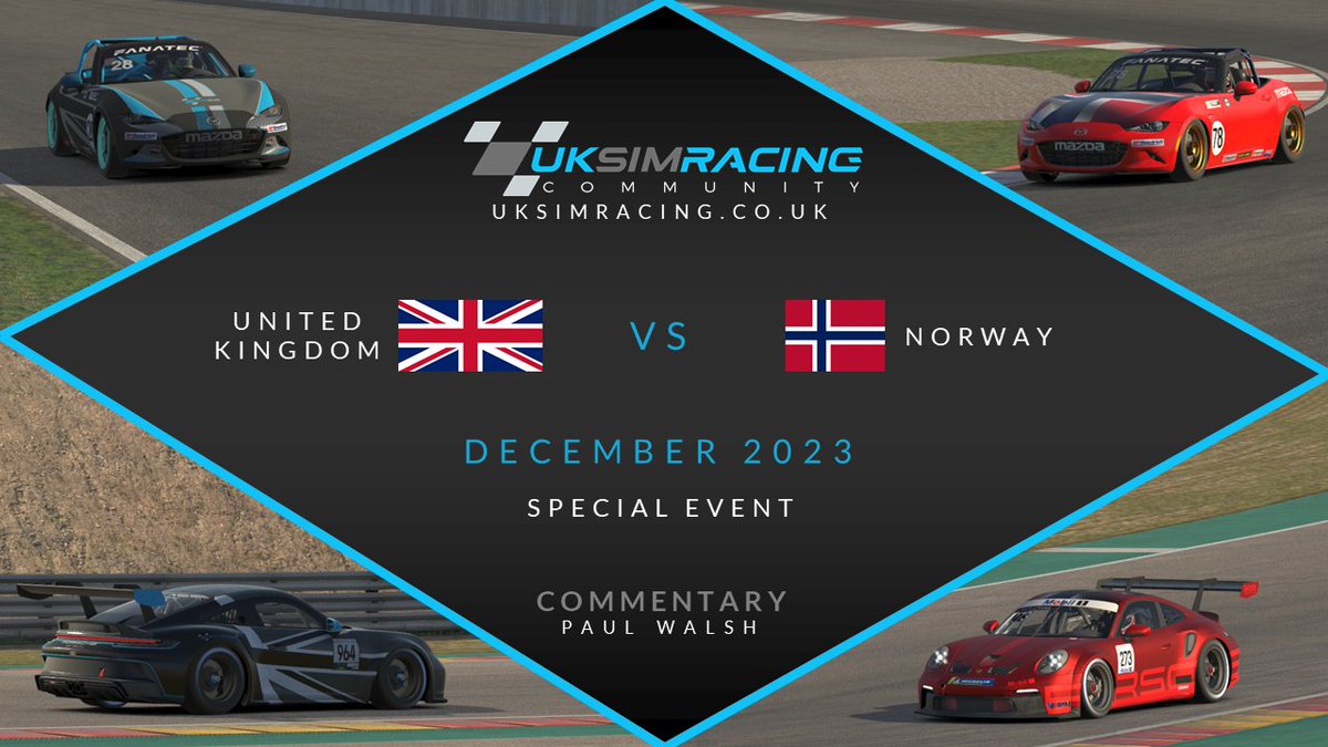 Tonight sees a special event in a community battle between UKSimRacing and Norway SimRacing.
Six races in total across MX5 and PCup tune in from 7:00pm GMT @ twitch.tv/uksimracing