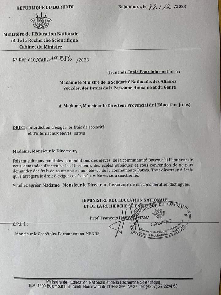 ZenplanetMag's tweet photo. Le Ministre de l'Education Nationale exhorte les directeurs de toutes les écoles à ne plus demander des frais scolaires de quelques sortes que ce soit, aux élèves issus des familles des #Batwa . https://t.co/tO4tlxETgJ