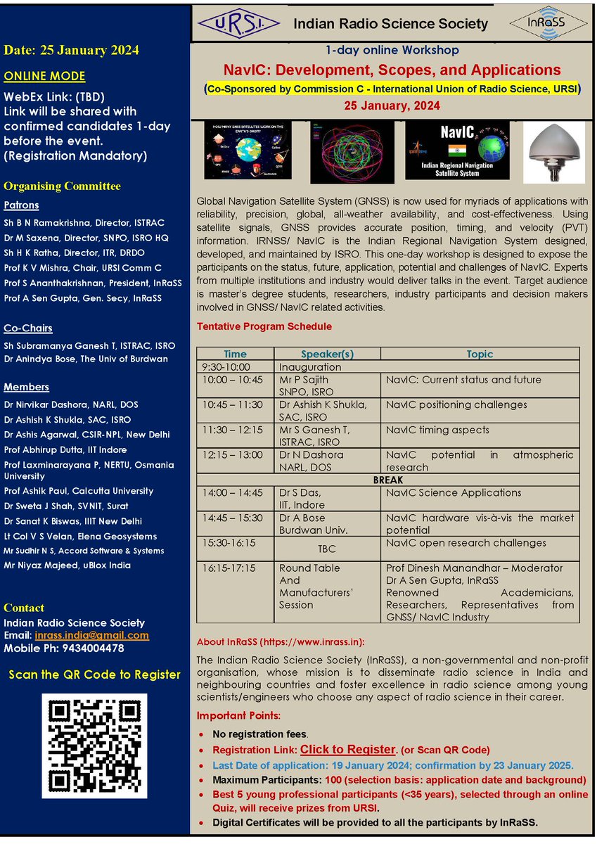 ⭕Announcement: 1-day online workshop "#NavIC: Development, Scopes, and Applications" 📝 25/01/24. Organized by #InRaSS, Sponsor #URSI. 🎁👏Prizes for best 5 young participants. Last Date 19/01/24
#GNSS #NavIC <a href="/isro/">ISRO</a> #capacitybuilding #satellitenavigation