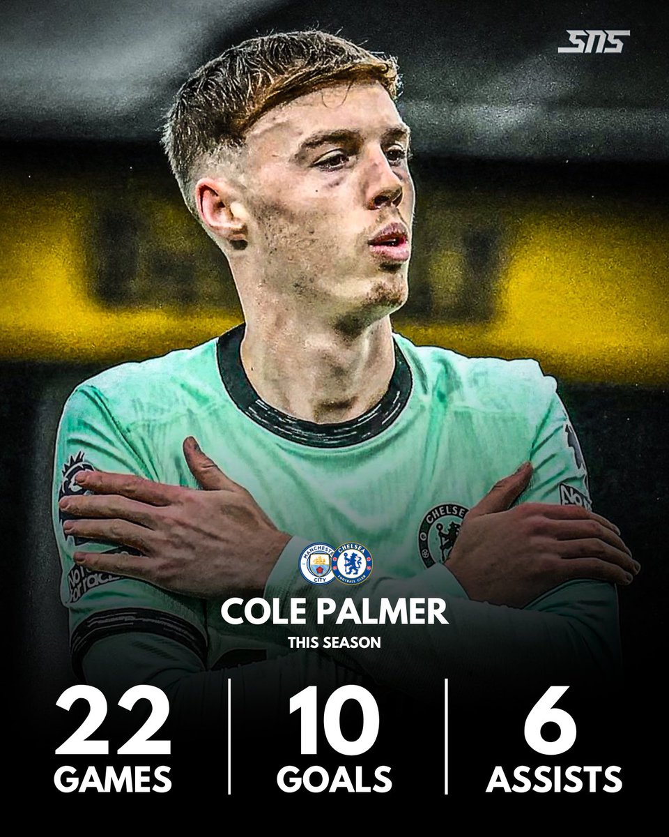 Sholynationsp's tweet photo. @premierleague @ChelseaFC 🏴󠁧󠁢󠁥󠁮󠁧󠁿 Cole Palmer (21) this season in all competitions:

👕 22 games
⚽️ 10 goals 
🎯 6 assists 
🤝 16 goal contributions 
✅ Manchester City &amp; Chelsea 

Top Talent! 🔥🔥 https://t.co/JC1n6WQmSi