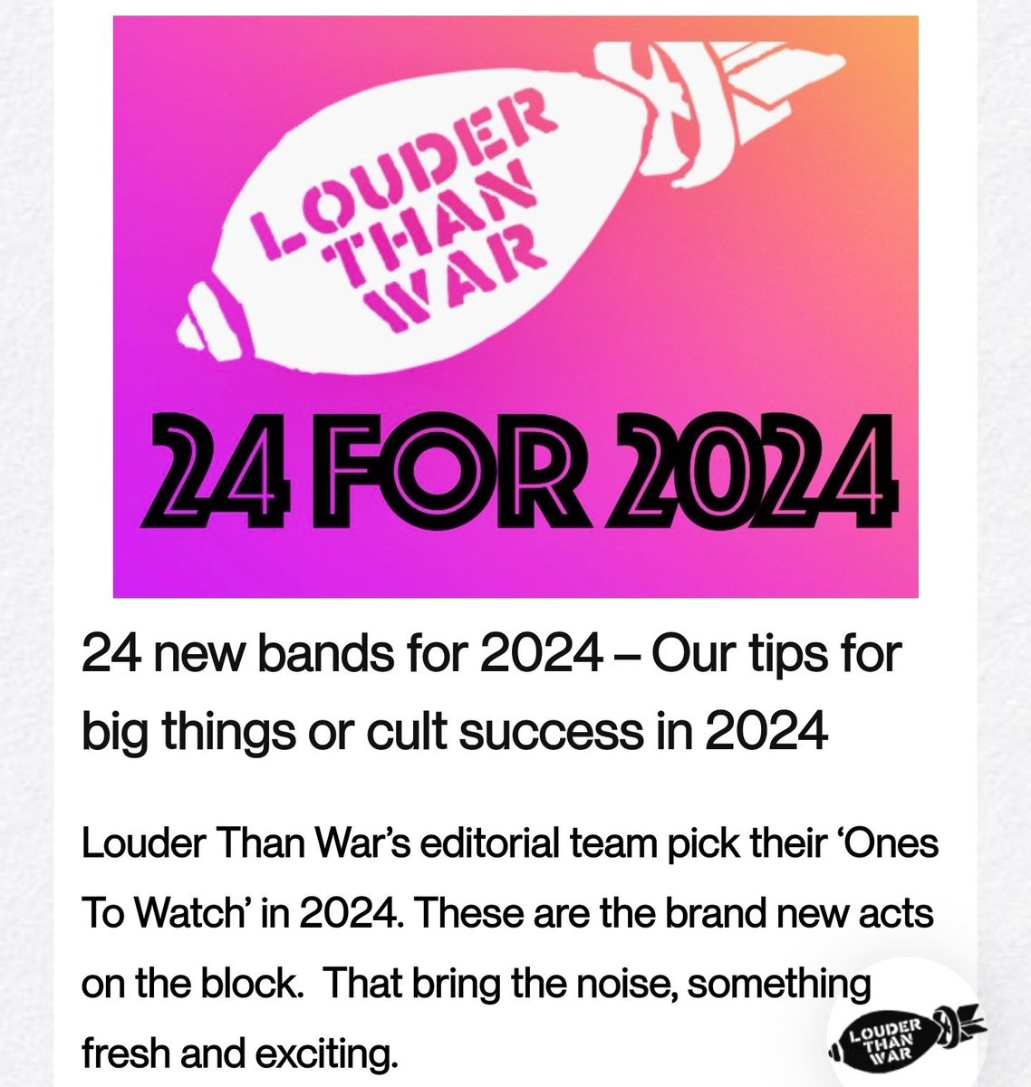 GET IN! This game-changing year just gets better. Honoured to make The 24 New Bands for ’24 @louderthanwar tips for 2024 w/special mentions for @berenyi_miki @theboo_radleys & @officialSpzd louderthanwar.com/24-new-bands-f… We headline @twopalmshackney Jan 27 w/@safariinnband & @YUKE_band