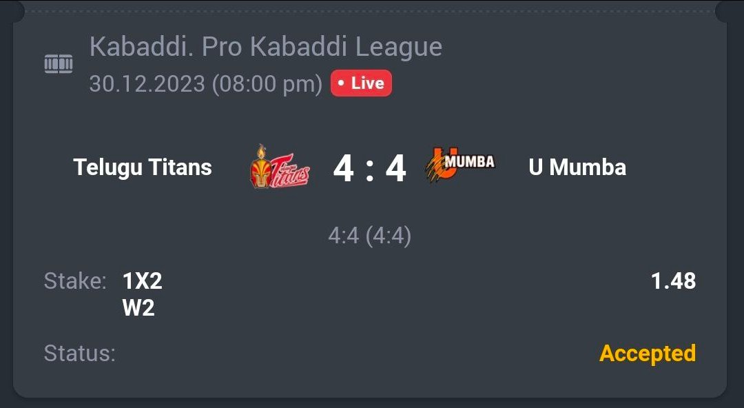 A3RBET's tweet photo. Kabaddi - Pro Kabaddi League

🤼 U Mumba ML
🔖 1.48
💵 10 Units

#GamblingTwitter #SportsBetting #TeamParieur #SportsBet #Betting #FreePicks #A3RBET #SportsBettor

#ProKabaddi #PKL #Kabaddi #ProKabaddiLeague #PKLSeason10 #10PKL #TTvMUM #TeluguTitans

Like + RT https://t.co/uygUS1KqqP