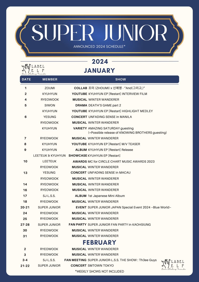 labELFofficial's tweet photo. SUPER JUNIOR 2024 SCHEDULE

☑️Announced schedules (so far)
☑️Weekly schedule
*️⃣please note that for the YT updates, they have not announced yet if it will be a weekly thing

Admin’s note: this is just the overview of our 2024 with SUJU 💙 sorry if we missed some😅 https://t.co/WXdIo7GVpT