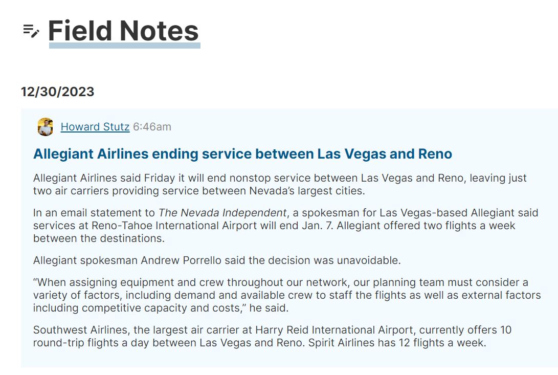 Field Note: Allegiant Airlines said Friday it will end nonstop service between Las Vegas and Reno, leaving just two air carriers providing service between Nevada’s largest cities. thenevadaindependent.com/field-notes/ho… @TheNVIndy #Reno #LasVegas #airtravel