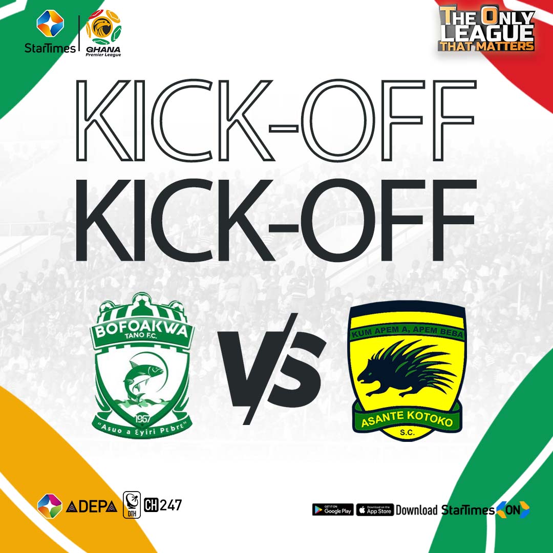 startimesghana's tweet photo. 𝗞𝗜𝗖𝗞 𝗢𝗙𝗙!  🥅

@bofoakwatano 🆚 @AsanteKotoko_SC

Showing live on ST Adepa Ch. 247 &amp; StarTimes ON App 📲https://t.co/DYXp74fldk

#StarTimes #GhanaPremierLeague #BringBackTheLove #GPLwk17 #AKSC #bofoba https://t.co/uD2jnrgfKF