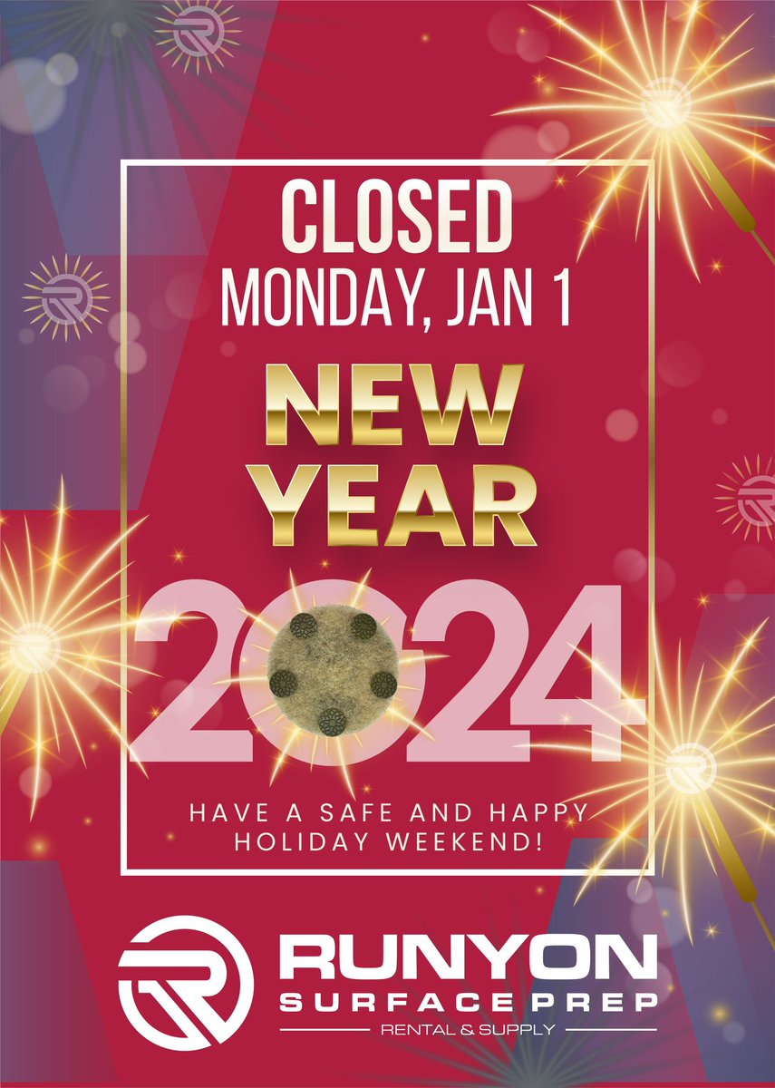 All Runyon Surface Prep locations will be closed Monday, January 1. We will resume normal business hours Tuesday, January 2.

Have a Happy New Year 🎆 

#runyonsurfaceprep #wearerunyon #surfaceprep #happynewyear #newyear