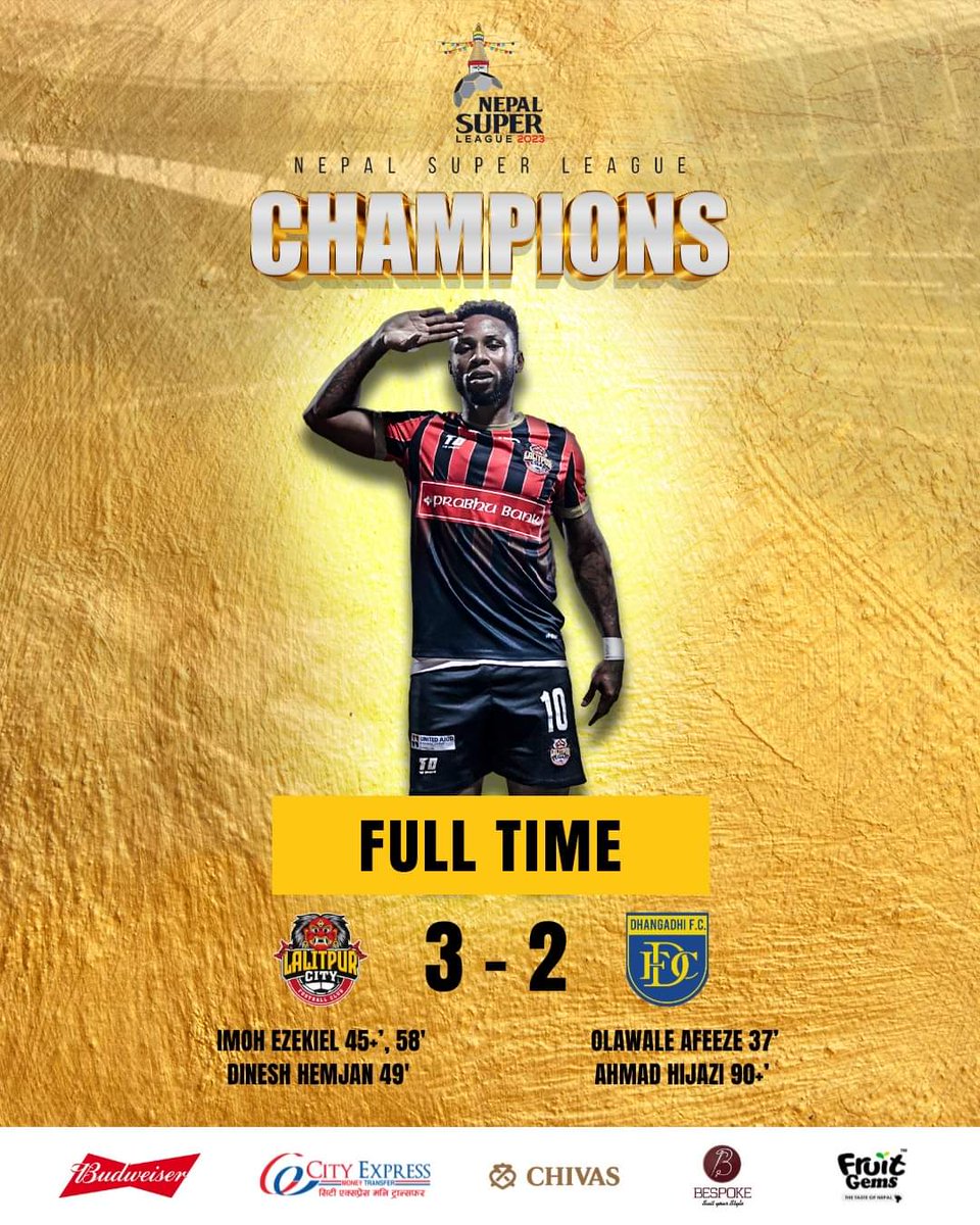 HISTORY MADE!

Lalitpur City FC clinches victory in the Nepal Super League! A testament to the dedication of our players and the incredible support from our fans. This triumph is for you! Thank you for being part of our unforgettable journey.

#Champions #LCFC #NSL #ayolakhey 👹