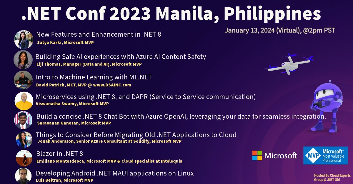 rijsat's tweet image. Join us on January 13th, 2024, for the .NET Conf 2023 in Manila, Philippines!
meetup.com/cloud-experts-…
#dotnetConf2023 #Blazor #MAUI #AI #OpenAI #ML #MicrosoftMVPs