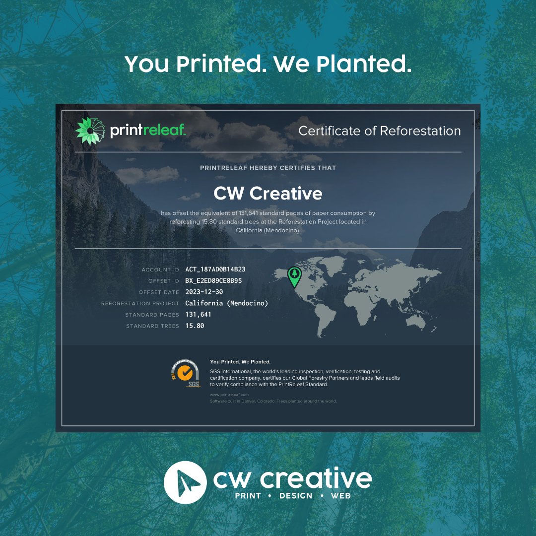 cwprintdesign's tweet photo. You printed, we planted! 

CW Creative customers have collectively offset the equivalent of 131,641 standard pages of paper by reforesting 15.8 standard trees at the #reforestation project located in the United States via our partnership with PrintReleaf in the last two months. https://t.co/DPZDzJqi2y