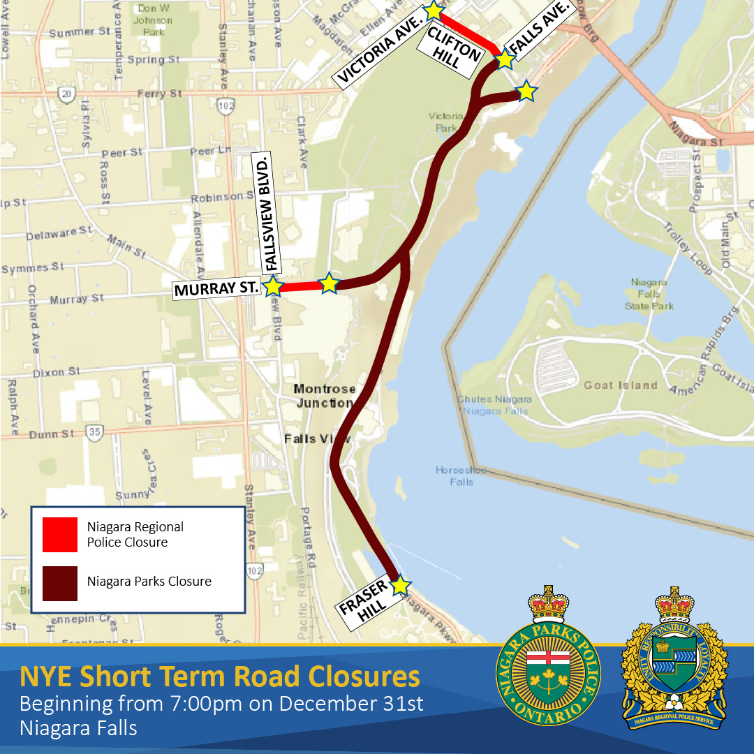 NiagRegPolice's tweet photo. If you're planning to head to #NiagaraFalls for #NYE2024, please be aware that the Parkway &amp; sections of adjoining roads will be subject to temporary closures beginning at 7pm to facilitate evening festivities.

Follow @NiagParksPolice for more.

@NiagaraRegion @NiagaraParks https://t.co/zQFPaYwX6b