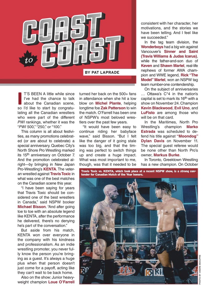 Great to see @PatLaprade Coast to Coast article in March edition @OfficialPWI featuring the Canadian wrestling scene including @C4Wrestling @GRKWrestling @smashwrestling and @FemmesFatales21.