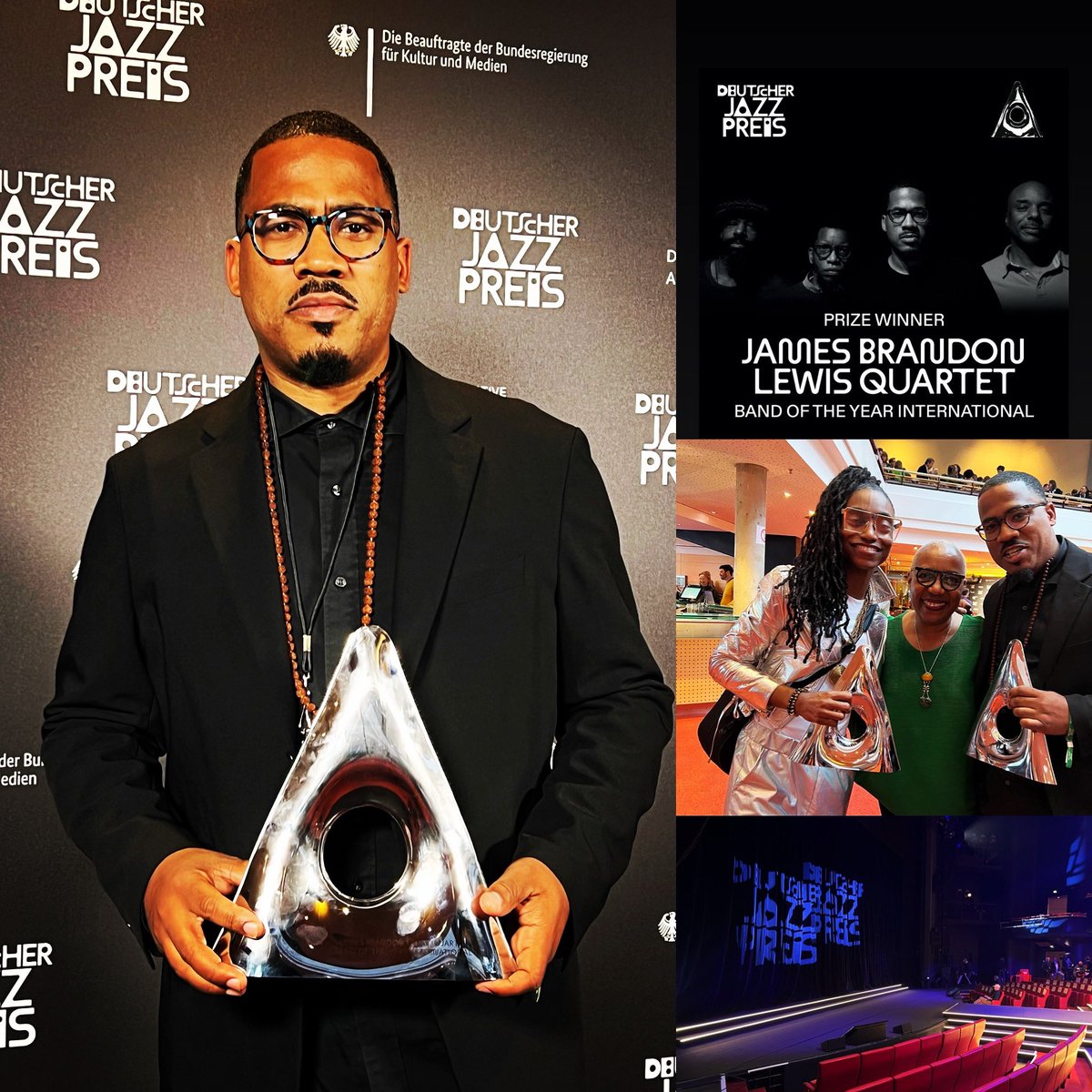 Count down toward the end of the year … Highlights of 2023 !!! - winning Deutscher Jazz Preis.. Band of the Year . 
Shout to Brad Jones, Aruan Ortiz, Chad Taylor .. also pictured The amazing Ms Gail and the amazing  @LakeciaB @jazzpreis #rt #nowplaying #mysic