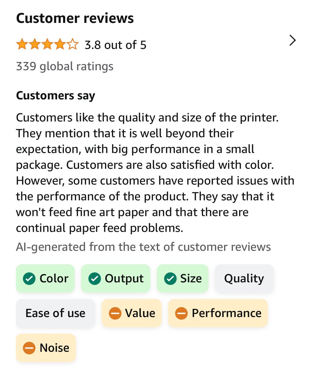 immad's tweet photo. Amazon’s usage of gen AI to summarize reviews is really well executed. https://t.co/2Kj4e7lKUX