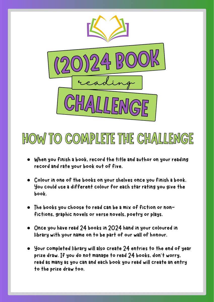 I’m excited for this…
(20)24 book reading challenge for students AND staff 

One book read = one entry into a prize draw to be as inclusive as possible to motivate all

<a href="/ThePiXLNetwork/">PiXL</a> <a href="/Team_English1/">Team English</a> <a href="/OpenUni_RfP/">Reading for Pleasure 🧶</a> <a href="/AVisserFuray/">Alice Visser-Furay</a> <a href="/Real_Lanc/">Adam Lancaster</a> <a href="/SchoolReading/">School Reading List</a> <a href="/LauraCurranBun/">Laura</a>