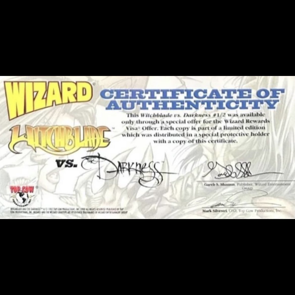 TopCow's tweet image. Thank you @royceviso for DM-ing Top Cow his copy of his Wizard Limited Edition WITCHBLADE VS. DARKNESS 1/2 with its certificate of authenticity! 

#wizard #wizardmagazines #witchblade #darkness #topcow #comics #comicbooks