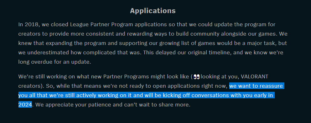 Riot Partner Program Updates in early 2024 apparently. Been a while since the page was updated use to always say first half 2022 leagueoflegends.com/en-us/event/le…