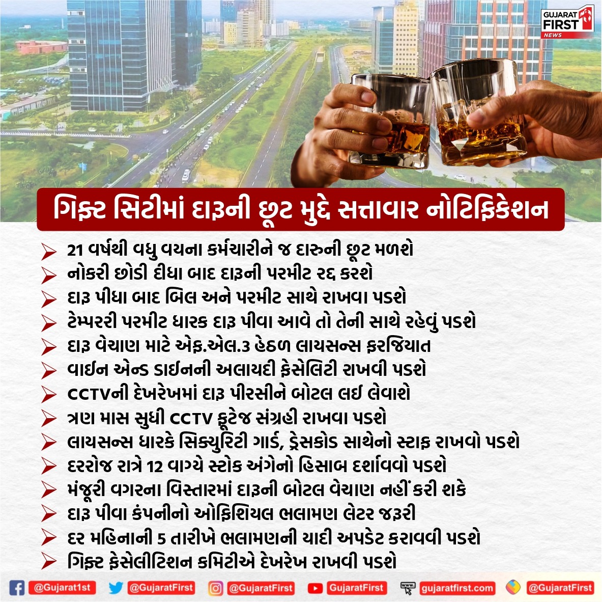 21 વર્ષનાને જ ગિફ્ટ સિટીમાં દારૂની છૂટ : જાણો સરકારે શું સત્તાવાર જાહેરાત કરી  

@sanghaviharsh @CMOGuj @BJP4Gujarat @HMOIndia @PMOIndia @InfoGujarat @vishvek11 #Gujarat #Gandhinagar #GiftCity #LiquorPermit #Government #PMModi #Alcohol #GujaratFirst