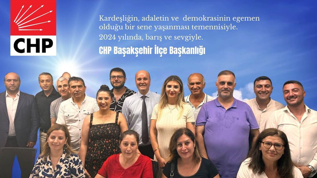 Cumhuriyet Halk Partisi
Başakşehir İlçe Başkanlığı
Yeni Yıl Kutlama Mesajı;
"Kardeşliğin adaletin ve demokrasinin egemen olduğu bir sene yaşanması temennisiyle.
2024 yılında barış ve sevgiyle."