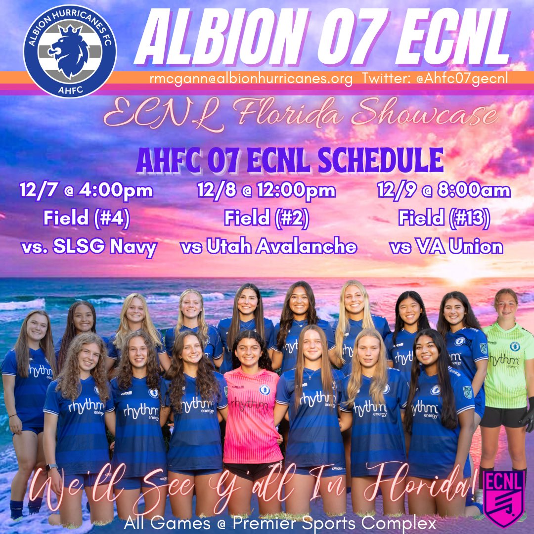 AhfcO7gecnl's tweet photo. Hope everyone is having a Happy Holidays!🥳🎄

We’re just 1 week from @ECNLgirls Florida Showcase Jan 7-9
We’ll see y’all in Florida☀️🏝️

🗓️1/7 - 4:00pm (#4)
🗓️1/8 - 12:00pm (#2)
🗓️1/9 - 8:00am (#13)
Coaches, Y’all come get a look at these 07s!
@ImYouthSoccer @PrepSoccer https://t.co/QxUu8HMlrO