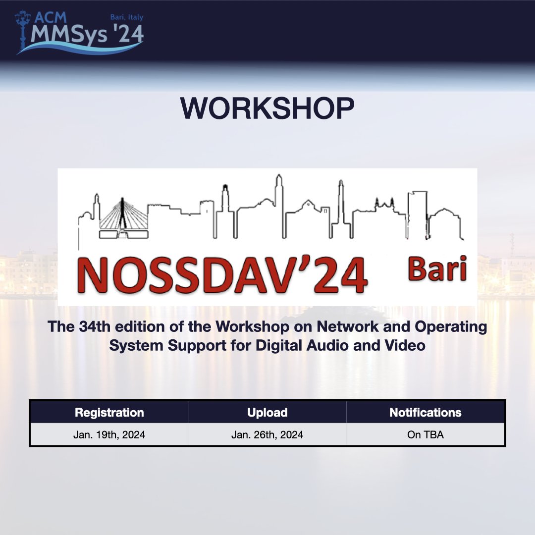 acmmmsys's tweet photo. #MMSys2024 NOSSDAV is a workshop with a long-standing tradition focusing on both emerging and established multimedia systems research topics especially high-risk/high-return ideas.
Make sure you present your works in time!

🔗 Online submission: https://t.co/XtKon8e1Tl https://t.co/4pGORjkxoB