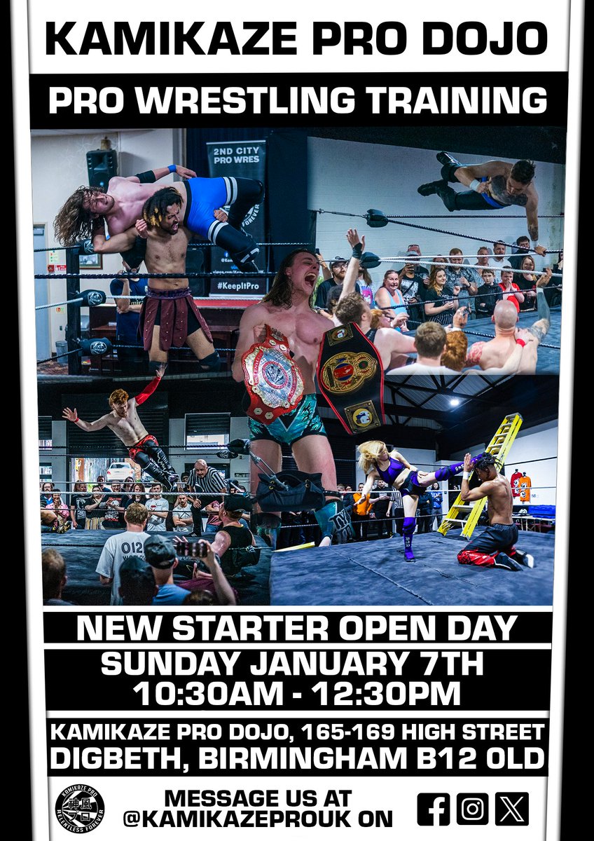 Beginners Pro Wrestling training for 2024 every Sunday in Birmingham.

We have an open session for newcomers on January 7th.  Located in Digbeth, within a short walk of New Street and Moor Street Station.

Send us a message for more information.