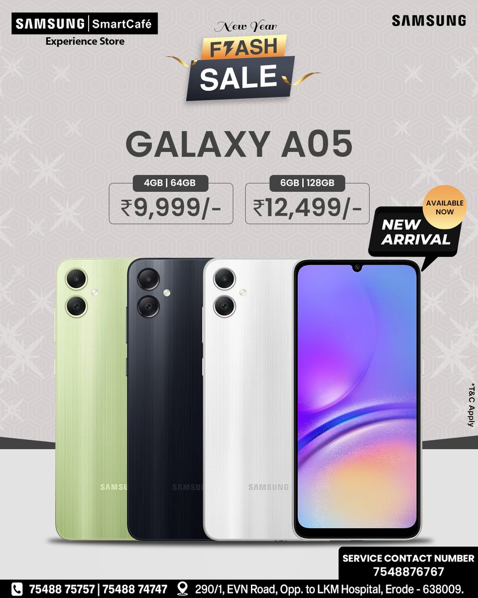 The Samsung Galaxy A05 in our FLASH New Year Sale! 📱 
Elevate your tech game without breaking the bank. 🚀 
Hurry, limited stock available – make 2023 the year of amazing deals! 🎉
 #SamsungGalaxyA05 #NewYearFlashSale #TechUpgrade