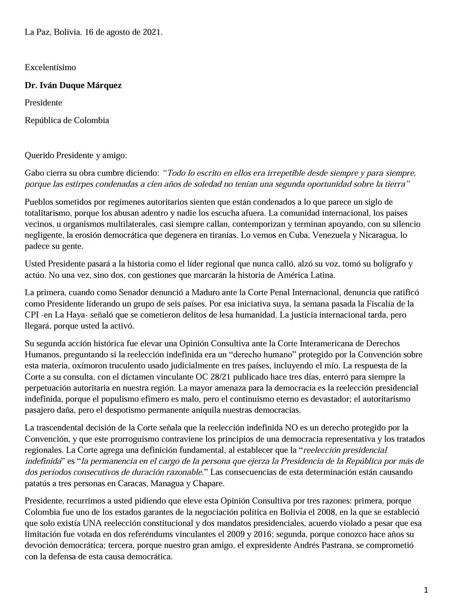 tutoquiroga's tweet photo. Reitero mi agradecimiento (abajo carta de Ago'21) a @IvanDuque, por solicitar Opinión Consultiva a @CorteIDH, obteniendo dictamen 28/21 que prohíbe reelección "por más de dos períodos consecutivos de duración razonable."

#Bolivia hoy aprecia y valora lo que hizo el exPres Duque. https://t.co/rR0oj1WxNd