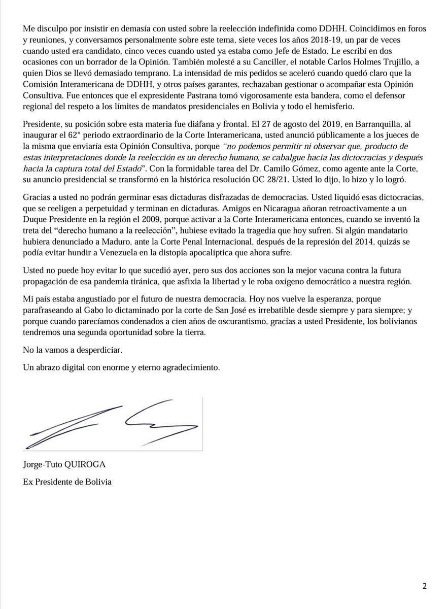 tutoquiroga's tweet photo. Reitero mi agradecimiento (abajo carta de Ago'21) a @IvanDuque, por solicitar Opinión Consultiva a @CorteIDH, obteniendo dictamen 28/21 que prohíbe reelección "por más de dos períodos consecutivos de duración razonable."

#Bolivia hoy aprecia y valora lo que hizo el exPres Duque. https://t.co/rR0oj1WxNd