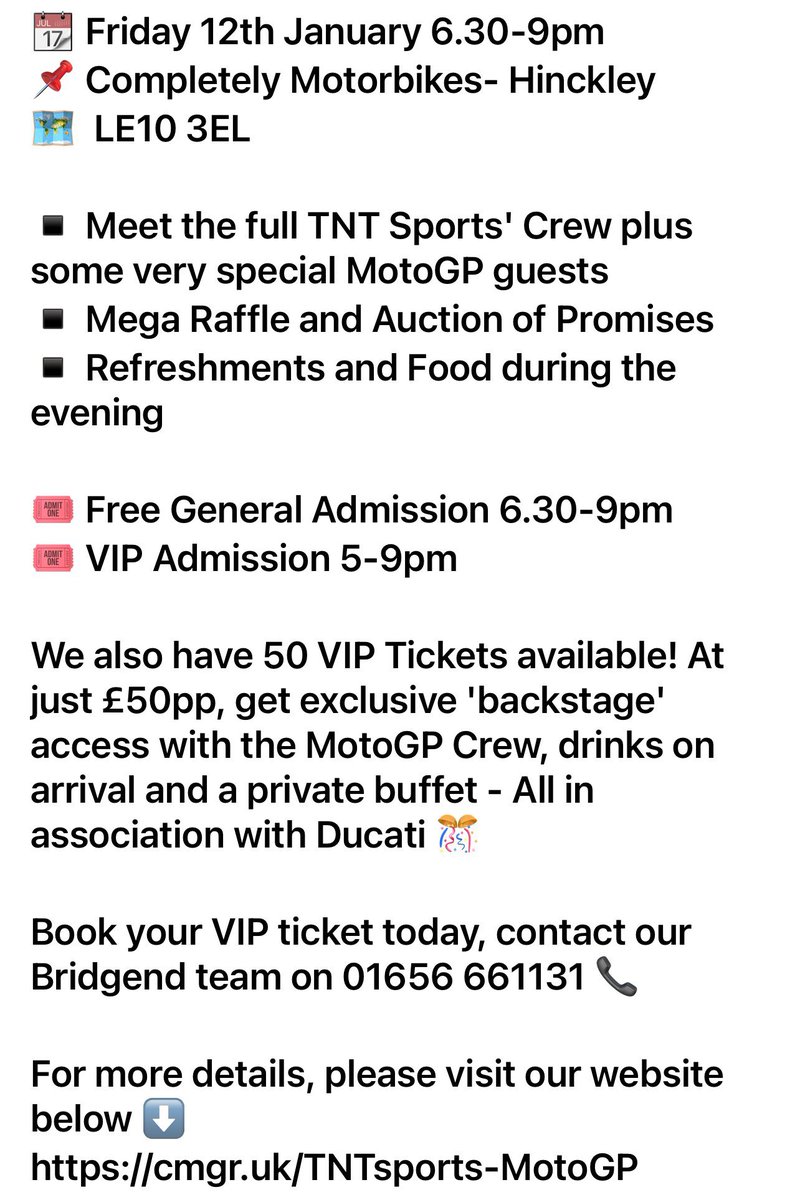 A little reminder that this is happening in just under two weeks time! VIP tickets are gone but you can email/call for free general admission. We would love to see lots of people there and raise money for a great cause. Details here: completelymotorbikes.co.uk/news/tnt-sport…
#motogp #tntsports