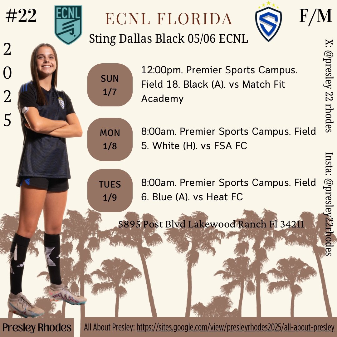 Presley Rhodes (@presley22rhodes) on Twitter photo 🚨FLORIDA ECNL SHOWCASE SCHEDULE🚨I’m excited to get back on the field with <a href="/StingECNL06/">Sting Black ECNL U18/19</a> next week in Florida! Coaches, I hope you can make it out!
<a href="/ECNLgirls/">ECNL Girls</a> <a href="/adamflynnAF/">Adam Flynn</a> <a href="/StingSoccerClub/">Sting Soccer Club</a> 🚨FLORIDA ECNL SHOWCASE SCHEDULE🚨I’m excited to get back on the field with <a href="/StingECNL06/">Sting Black ECNL U18/19</a> next week in Florida! Coaches, I hope you can make it out!
<a href="/ECNLgirls/">ECNL Girls</a> <a href="/adamflynnAF/">Adam Flynn</a> <a href="/StingSoccerClub/">Sting Soccer Club</a>