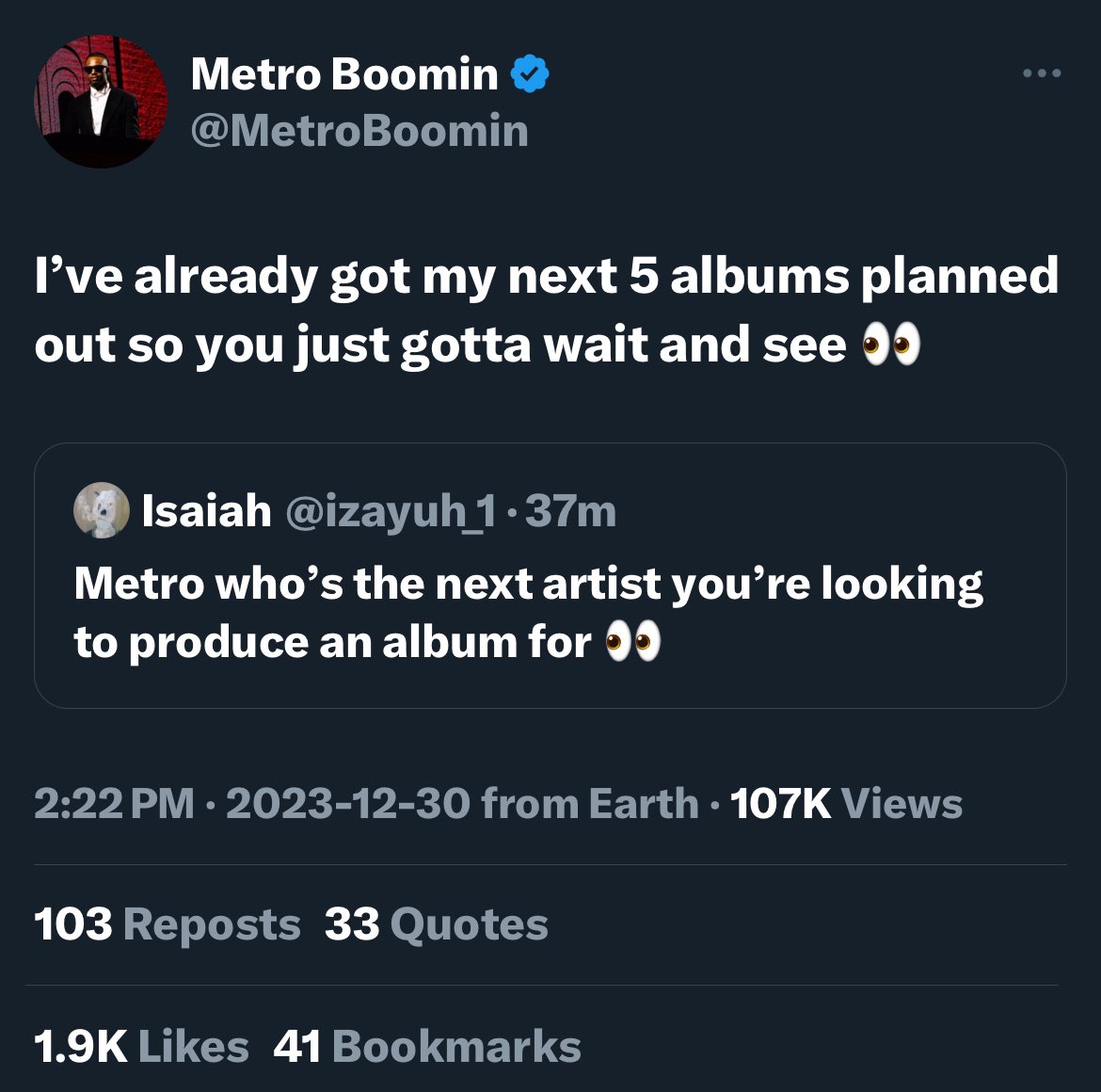 Metro Boomin Says He Has 5 Albums Already Planned To Release💿🔥

Known Albums:
Future Collab Album
JID Collab Album
Heroes &amp; Villains Trilogy (Final Album In The Trilogy)
Don Toliver Collab Album
Lil Durk Collab Album 
&amp; More🤔

You Hyped⤵️