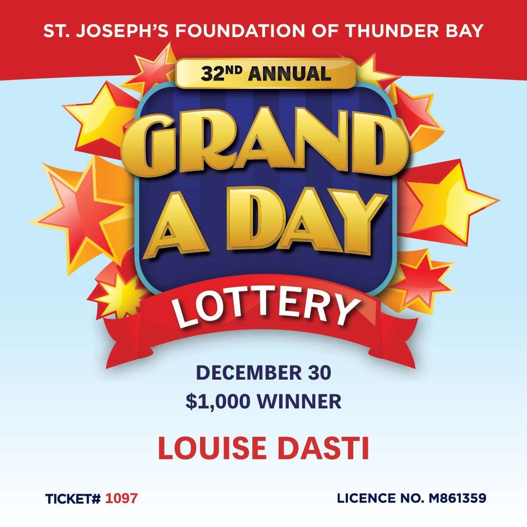 SJFTB's tweet photo. Congratulations to the December 30th Grand a Day winner...Louise Dasti!
Ticket #1097 https://t.co/Sx80XSkSRz