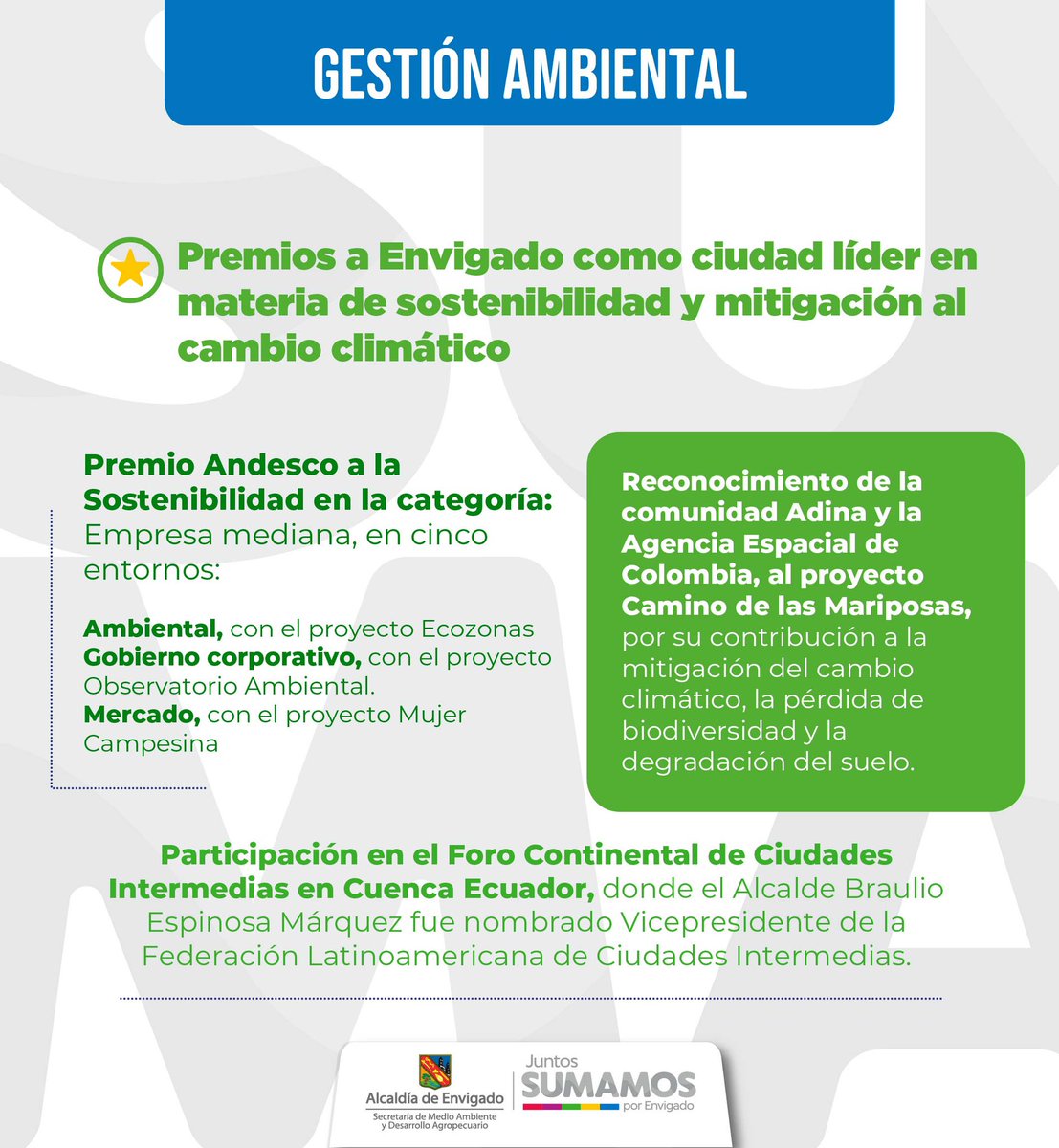 Envigado se destaca en materia de sostenibilidad y las acciones que desarrolla para la mitigación al cambio climático a nivel nacional e internacional 🌱👇