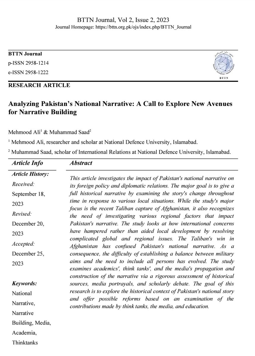 MEHMOODBALOCH75's tweet photo. #Publication Update..

I'm thrilled to announce that My Research Paper, "Analyzing Pakistan’s National Narrative: A Call to Explore New Avenues for Narrative Building," has been published in Volume II, Issue II of the HEC-recognized (Y category) BBTN Journal. 
@bttn_quetta https://t.co/Tnrl9yOx1A