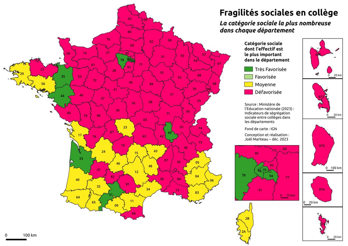 Fragilité sociale en collège : quelle catégorie sociale est la plus nombreuse dans les collèges des départements ? 
Carte et éclairages : joelmariteau.fr/carnet/2023/12…