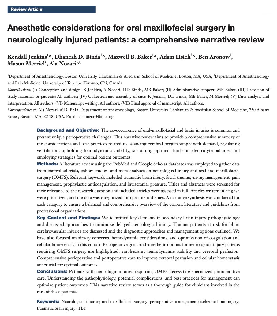 Ending the year with our narrative review published in the Journal of Oral and Maxillofacial Anesthesia @OfficeAme! In this article, we explore the anesthetic considerations for oral maxillofacial surgery patients with neurological injuries. joma.amegroups.org/article/view/6…