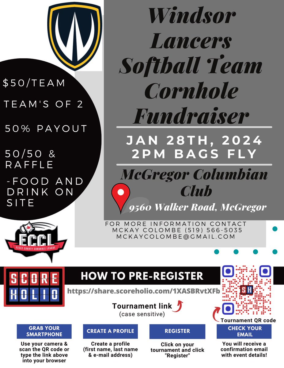 Looking for an afternoon of competition, laughter, and amazing prizes? Registration for the Lancer Softball’s Corn Hole Fundraiser Tournament is now open!

Date: 28 January 2024
Time: 2PM
Location: McGregor Colombian Club

Spots are limited, so register with the QR code ASAP!💙💛