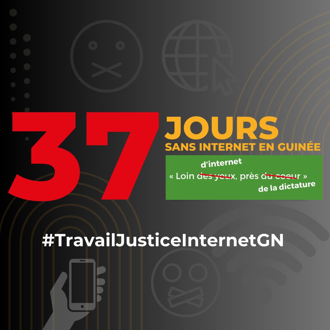 blemoul's tweet photo. J3️⃣7️⃣ SANS INTERNET🇬🇳
En Guinée, cela fait 37 JOURS que la population vit sans internet.
#TravailJusticeInternetGN
#RendezNotreInternetGN
#Jour37
#Guinee
#TL224 https://t.co/OrxdtY3scl